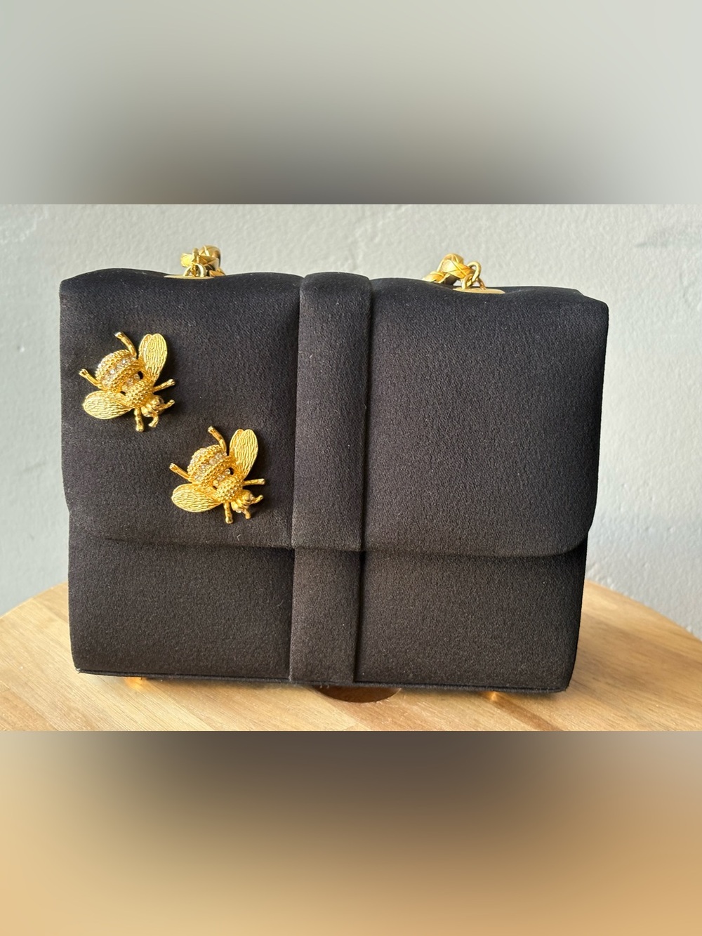 Vintage Blues Satin Bag with Gold Tone and Crystal Bees